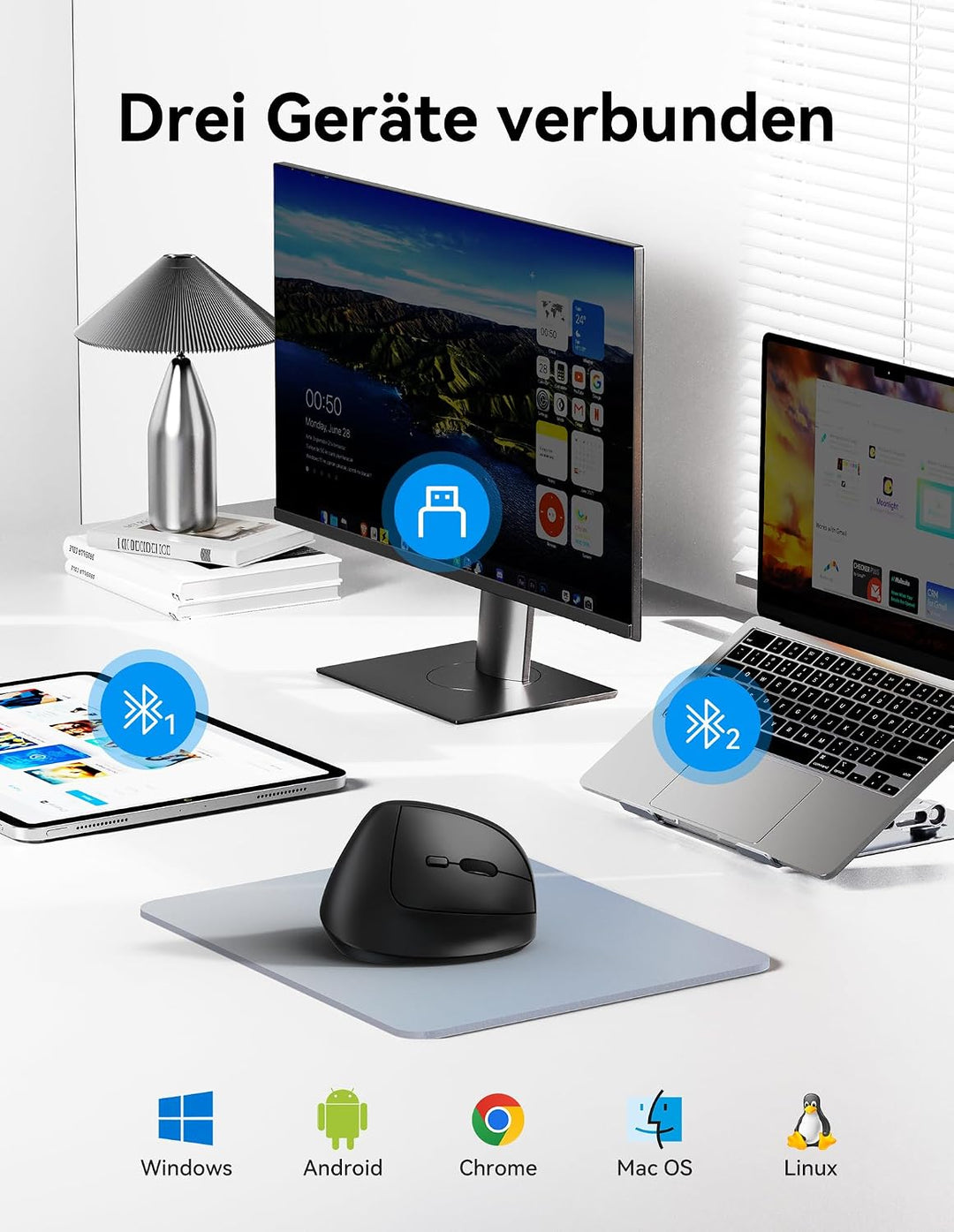 TECKNET Vertikale Ergonomische Maus Wiederaufladbare | 6 Einstellstufen bis zu 4800 DPI, 2.4G + BT (