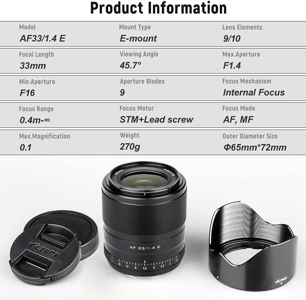 VILTROX 33mm F1.4 E Autofokus Objektiv APS-C Grosse Blende Augenfokus Prime Objektiv für Sony E-Moun