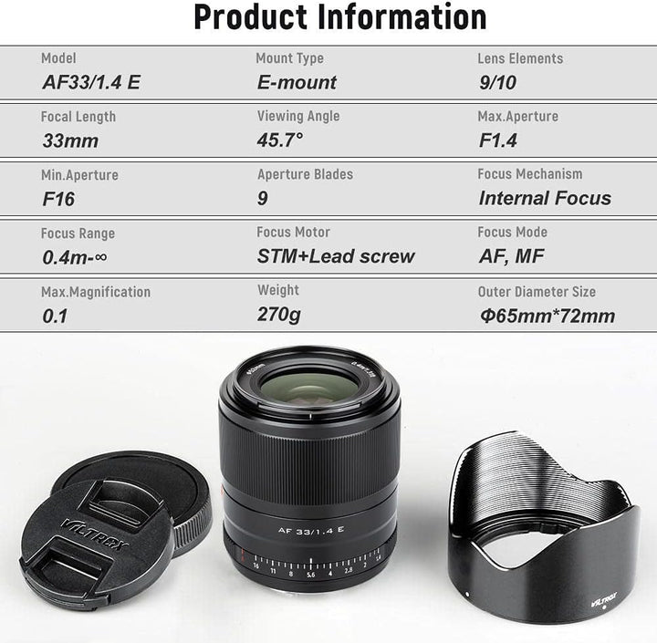 VILTROX 33mm F1.4 E Autofokus Objektiv APS-C Grosse Blende Augenfokus Prime Objektiv für Sony E-Moun