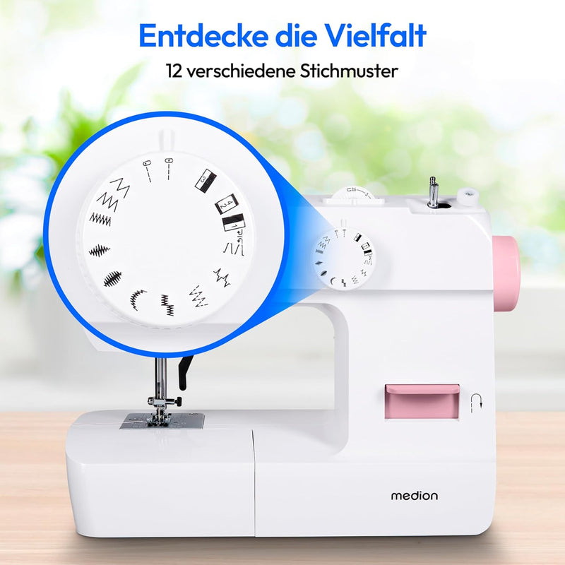 MEDION Nähmaschine SM70 (70 Watt, 12 verschiedene Stichmuster, LED Nählicht, einstellbare Stichlänge