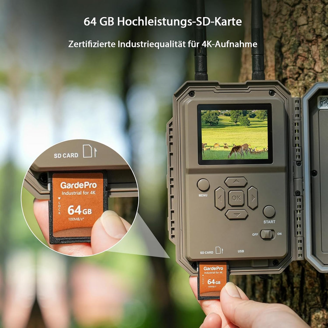 GardePro E8 2.0 Pro Wildkamera Doppelantenne WLAN mit 64GB SD Karte, 64MP H.264 4K Video Wiederaufla