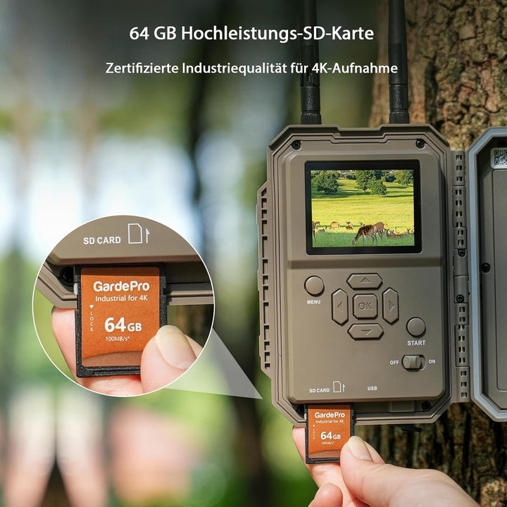 GardePro E8 2.0 Wildkamera Dual Antenne WLAN mit 64GB SD Karte, 64MP H.264 4K Video, 30m Infrarot Na