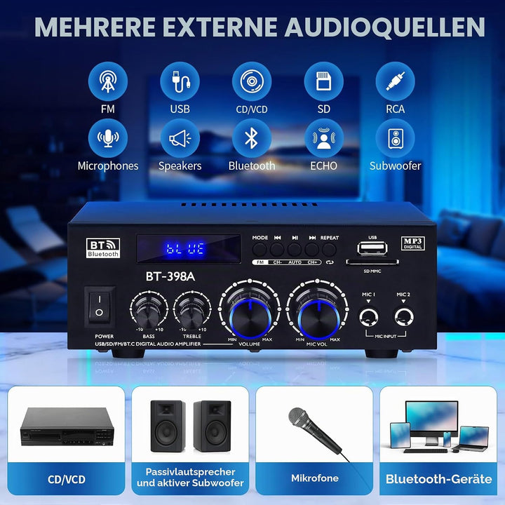 BT-398A HiFi-Verstärker Bluetooth 5.0 Stereo Audioverstärker 2.0 Kanal 60W+60W Digitale Verstärker E