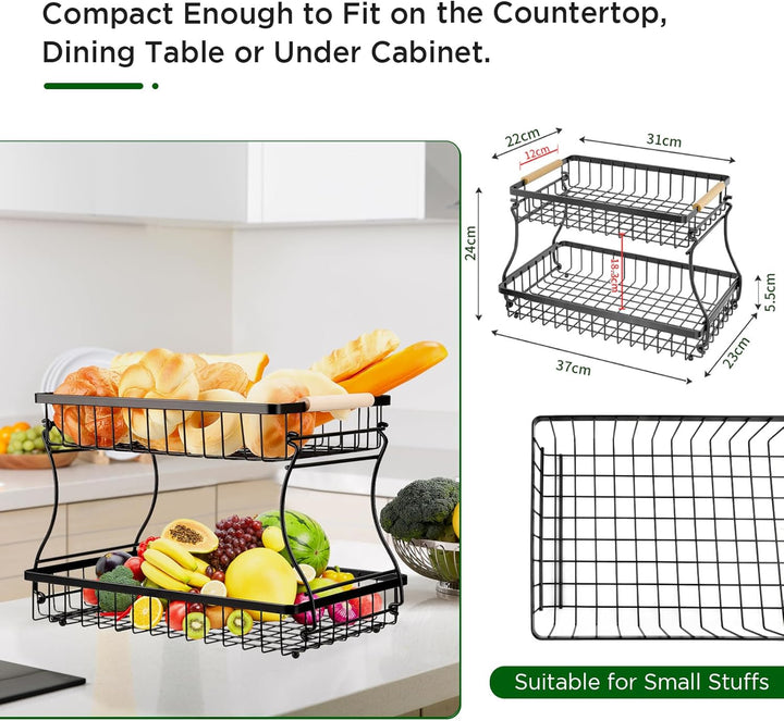 VINATO Obstkorb, Obst Etagere 2 Stöckig mit Holzgriffen für Küche, Bad & Mehr – Obstständer, Gemüse