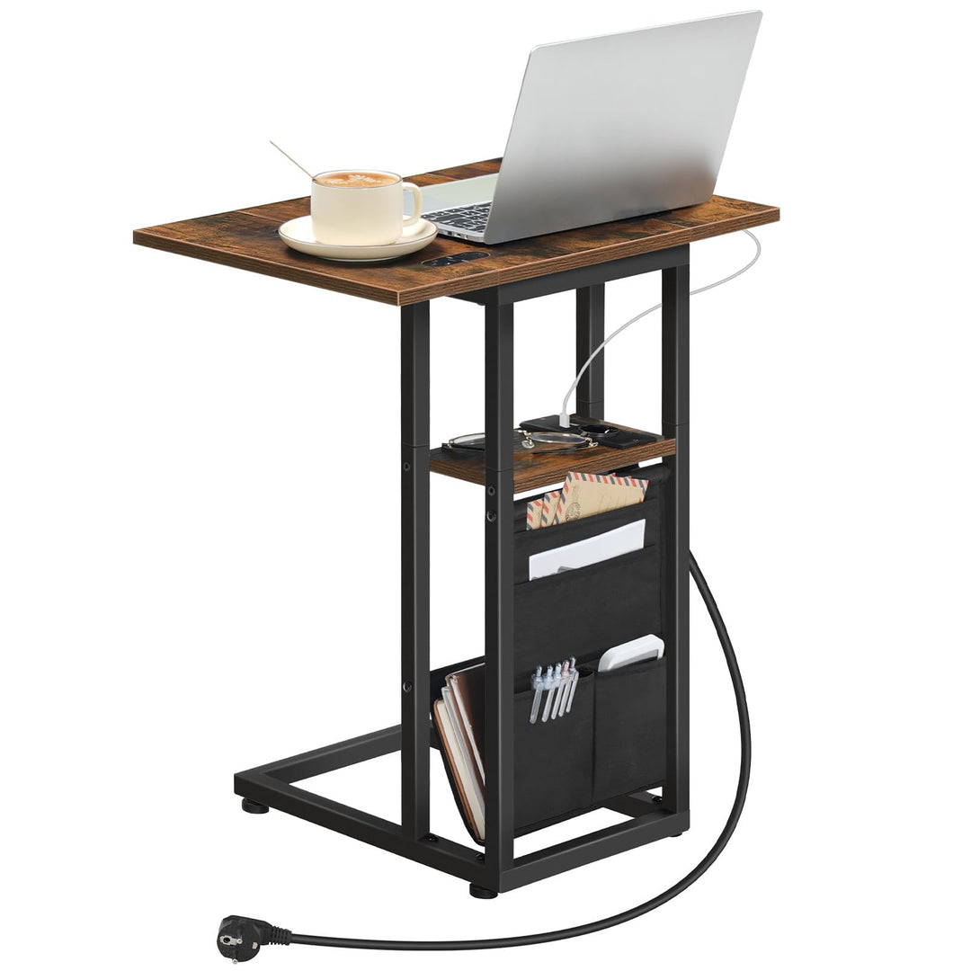 HOOBRO Beistelltisch mit Ladestation, C-Form Couchtisch mit Aufbewahrungstasche, klappbarer Sofatisc