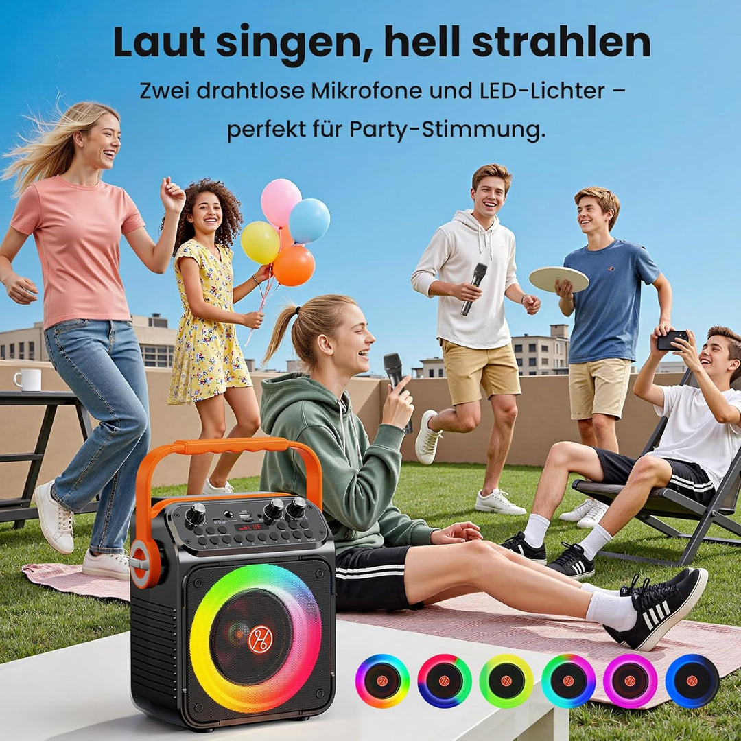 HWWR Karaoke Anlage mit 2 Mikrofonen, Bluetooth Lautsprecher mit 6,5 Zoll Subwoofer, RGB-Lichteffekt