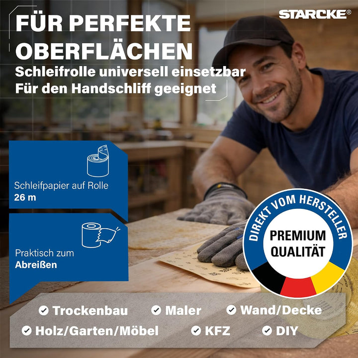 STARCKE® Schleifpapier Rolle [26m Rolle] - MADE IN GERMANY - Schleifrolle Set mit Stearatbeschichtun