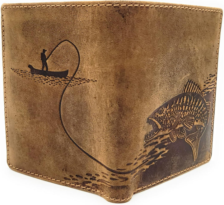 Jockey Club echt Leder Geldbörse Anglerbörse Portemonnaie mit RFID NFC Schutz Fisch Zander (braun),