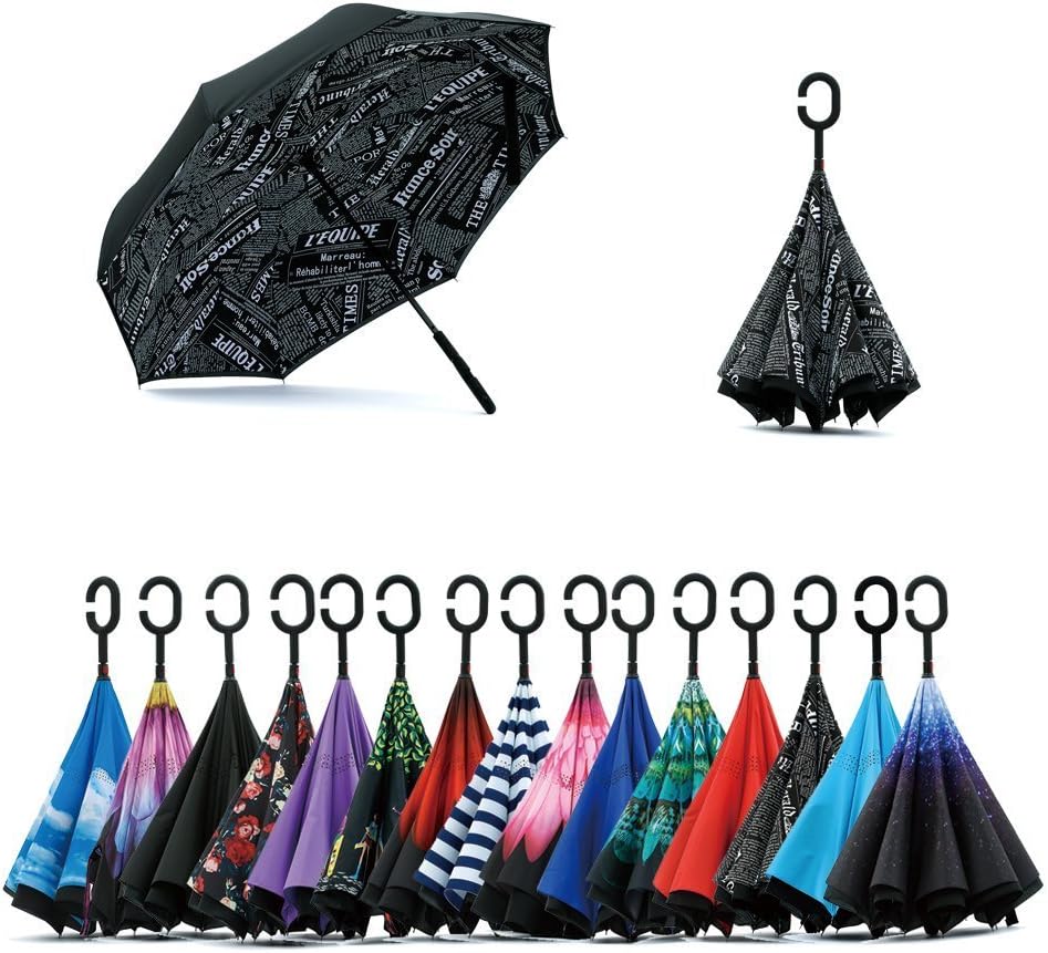 Jooayou Umdrehbarer Regenschirm mit 2 Flächen, C-förmiger Griff, rückseitig faltbarer Regenschirm, A