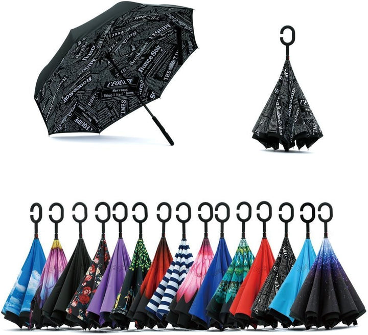 Jooayou Umdrehbarer Regenschirm mit 2 Flächen, C-förmiger Griff, rückseitig faltbarer Regenschirm, A