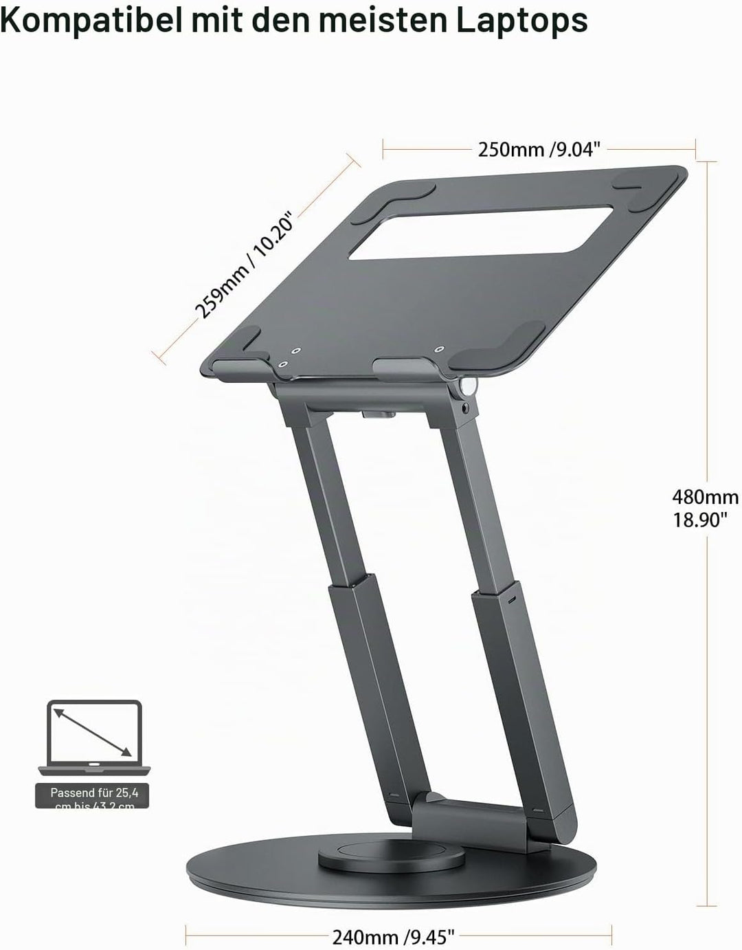 Laptop Ständer Höhenverstellbar mit 360° Drehbarer Basis, Ergonomisch Laptopständer, Laptop Erhoehun