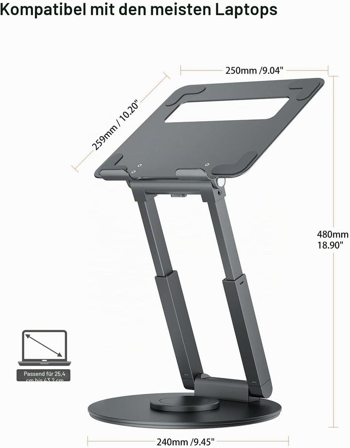 Laptop Ständer Höhenverstellbar mit 360° Drehbarer Basis, Ergonomisch Laptopständer, Laptop Erhoehun