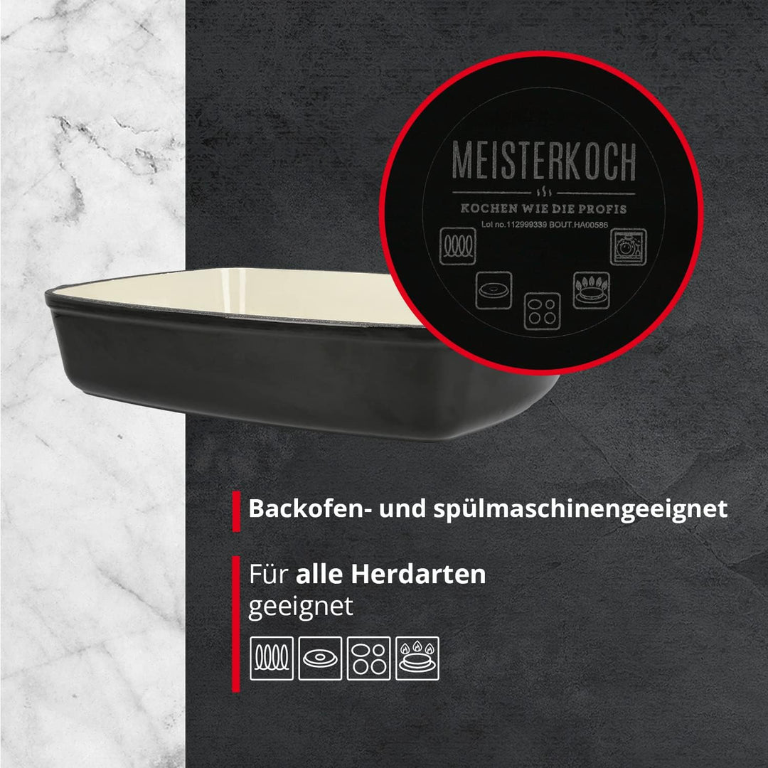 MEISTERKOCH Bräter aus Gusseisen in Schwarz/Creme, 44,5 x 27 cm, 5 Liter Volumen, Induktion, spülmas