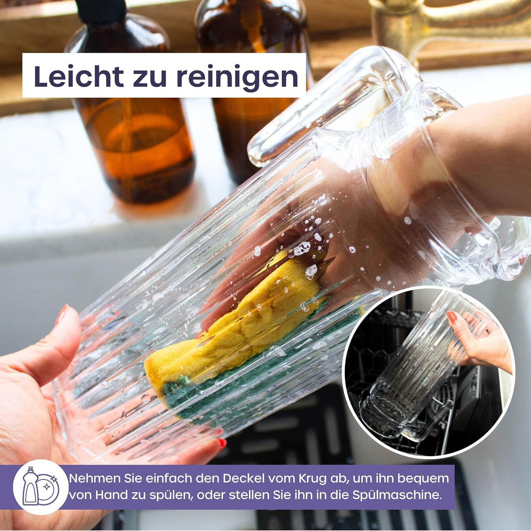Kühlschrankkrug 1L Glas Wasserkrug mit Deckel (2er Pack) – Glaskrug Geriffeltem Glasdesign & Griff f
