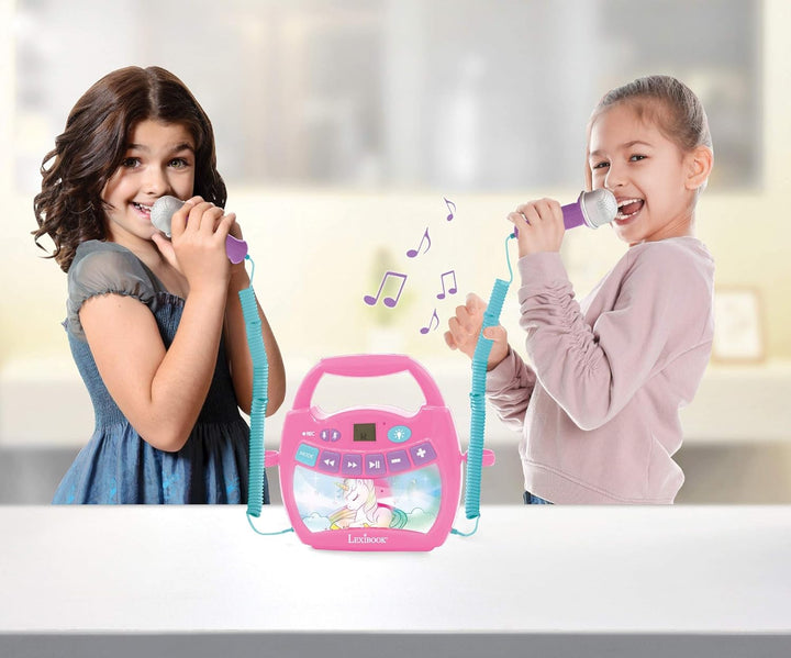 Lexibook MP320UNIZ Einhorn-Tragbarer digitaler Karaoke-Player für Kinder-Mikrofone, Lichteffekte, Bl