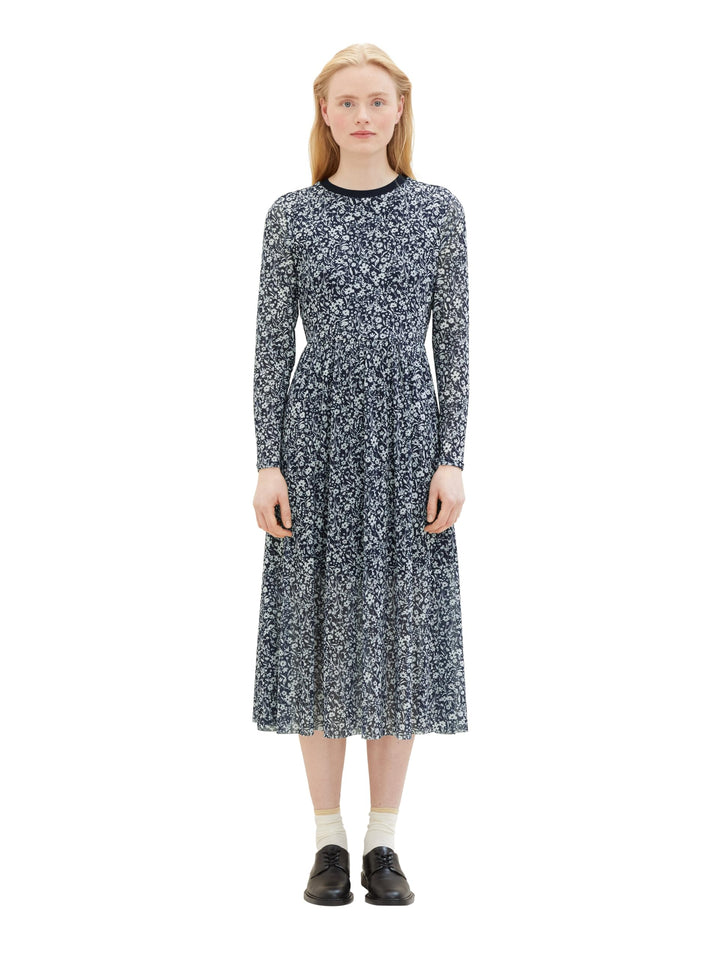 Tom Tailor Denim Damen Mesh Kleid mit Muster XS 16355-blue Flower Print, XS 16355-blue Flower Print