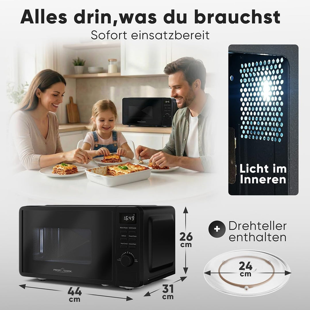 ProfiCook® Mikrowelle mit Grill | 800 Watt Grill | 20L | 8 Automatikprogramme | Timer | inkl. Drehte