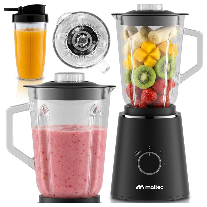 MalTec Standmixer Glas 1,5 L mit 500 ml To-Go-Flasche, 1000 W Motor, 6 Edelstahlklingen, 2 Geschwind