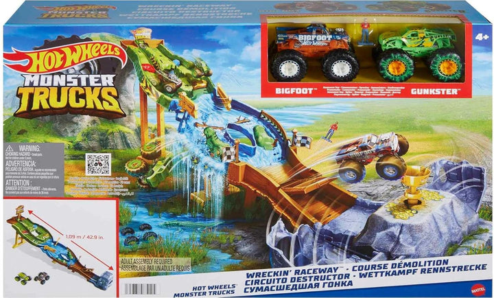 Hot Wheels HJG32 - Monster Trucks Rennstrecke Spielset mit den Monster Trucks Bigfoot und Gunkster f