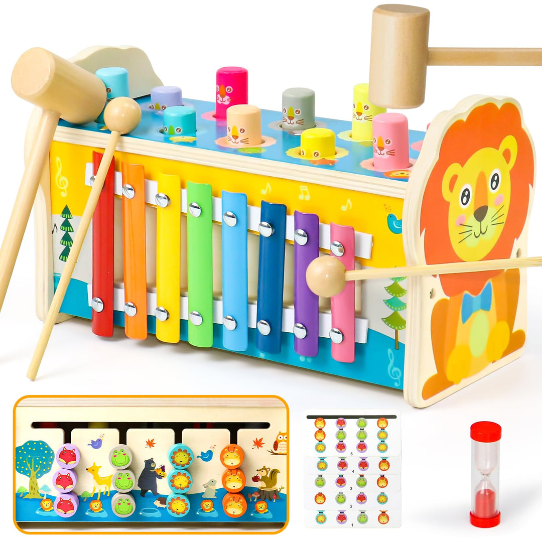 jerryvon Motorikspielzeug Montessori Spielzeug ab 1 Jahr, 4-in-1 Hammerspiel &amp; Klopfbank mit Xylopho