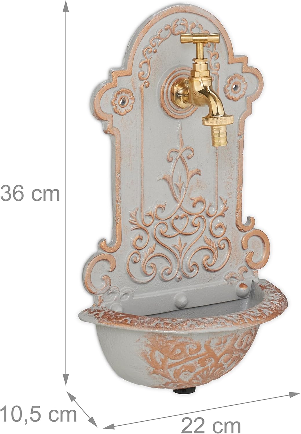 Relaxdays Wandbrunnen, nostalgisch, Waschbecken & Wasserhahn, Gartenbrunnen HBT 36 x 22 x 10,5 cm, G