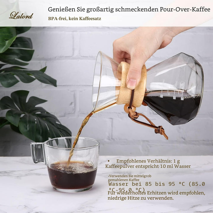 Lalord Pour Over Kaffeebereiter mit Edelstahlfilter, Borosilikatglas Kaffeekanne, Holzkragen, Kaffee