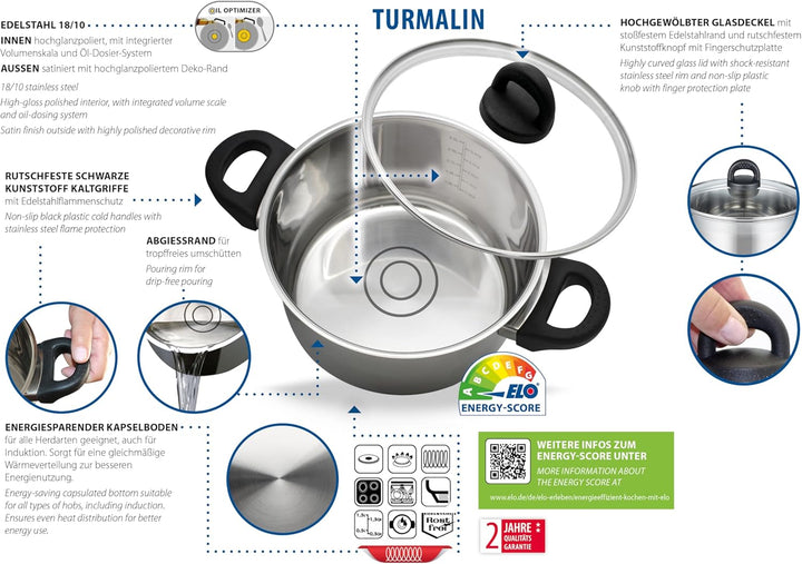 ELO 12221 Fleischtopf m.GD 20 cm Serie Turmalin, Induktion, Edelstahl satiniert, rutschfeste Kunstst