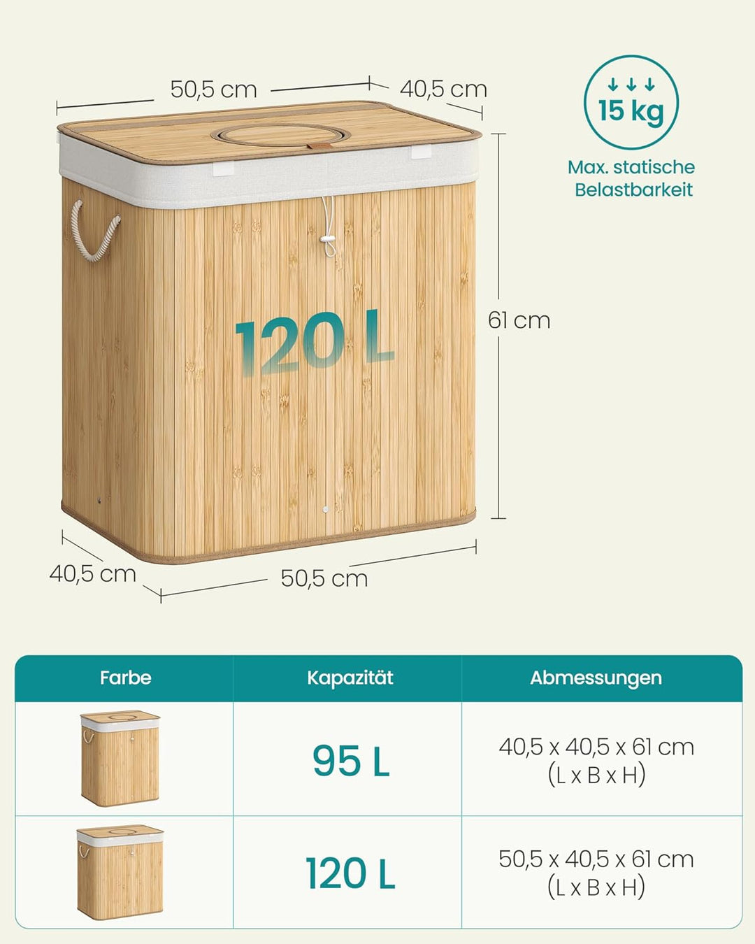 SONGMICS Pfandflaschen-Sammelbehälter, 120 L Pfandflaschen-Behälter, Bambus, Flaschensammler Leergut