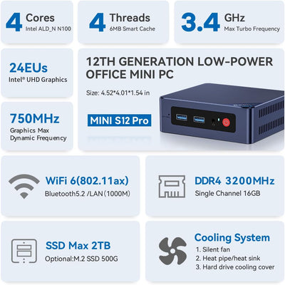 Beelink Mini S12 Mini PC, Intel 12. Prozessor N100 (4C/4T, bis zu 3.4Ghz), 16G DDR4 500G SSD Mini Co