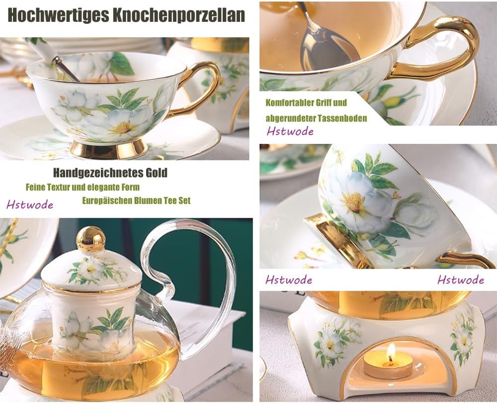 15 Stück Europäischen Blumen Tee Set,Muster Bone China Tee Set Service Kaffee Set, Beheizte Glas Tee