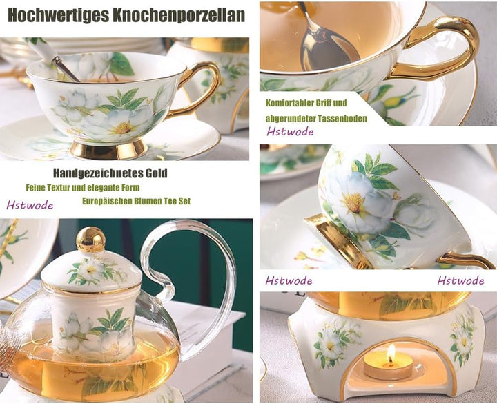 15 Stück Europäischen Blumen Tee Set,Muster Bone China Tee Set Service Kaffee Set, Beheizte Glas Tee