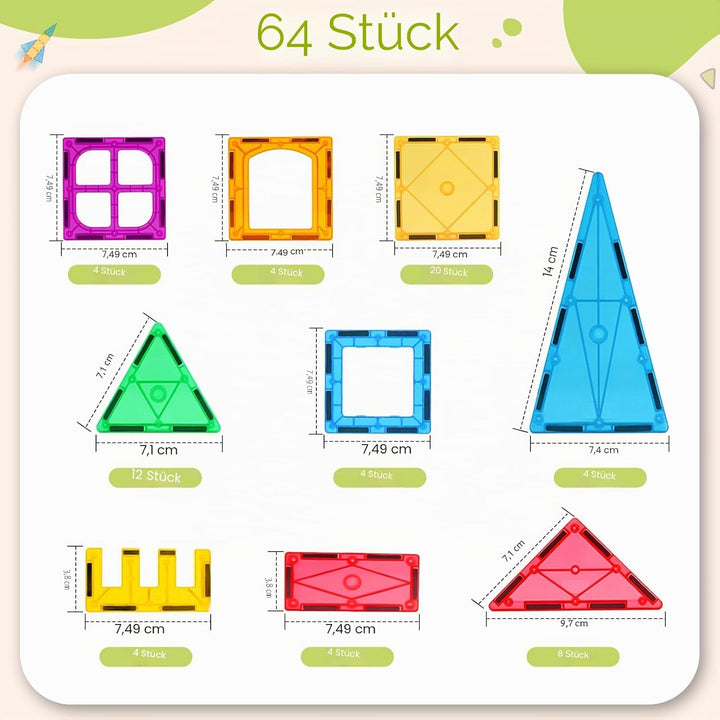 Katiago Magnetische Bausteine, 64 Teile Magnet Bausteine Spielzeug Kinder 3D Farbenfrohe Starterset
