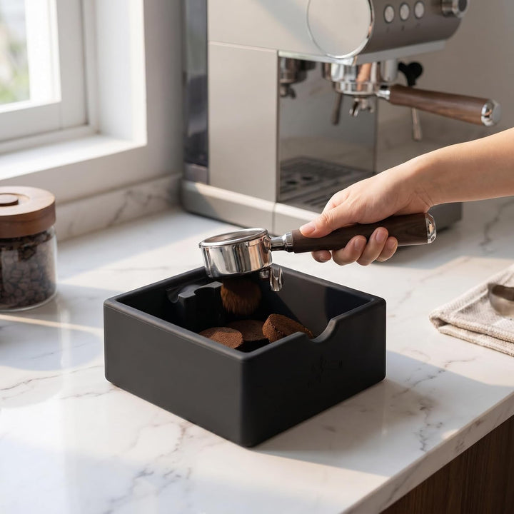 Abklopfbehälter für Siebträger Silikon Quadrat Espresso Knock Box | Ultra Leise Abschlagbehälter Rut