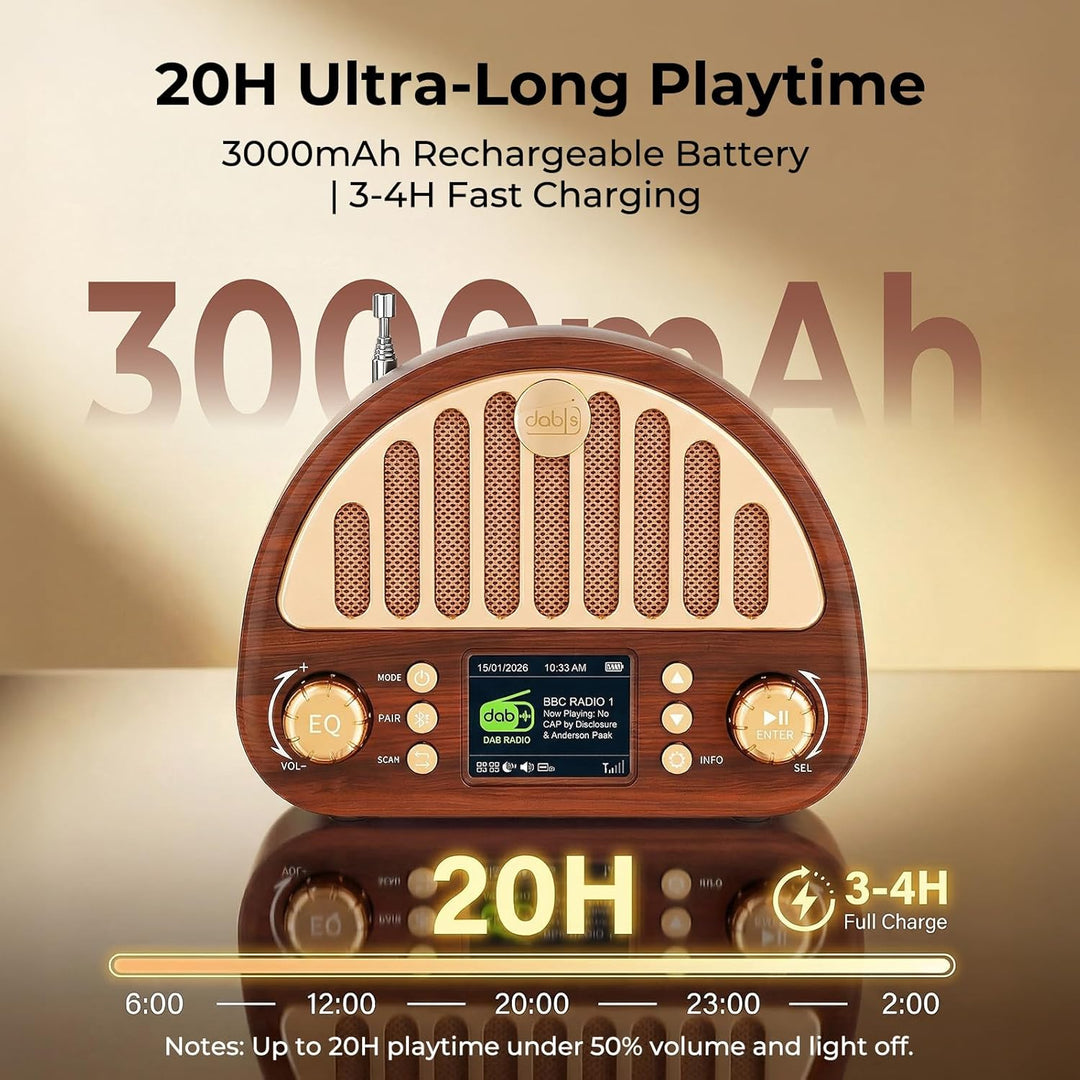 ROCAM DAB+/UKW Radio, Retro Radio mit Bluetooth 5.0, 8W Full Sound Lautsprecher, 3000mAh Akku, 2" Fa