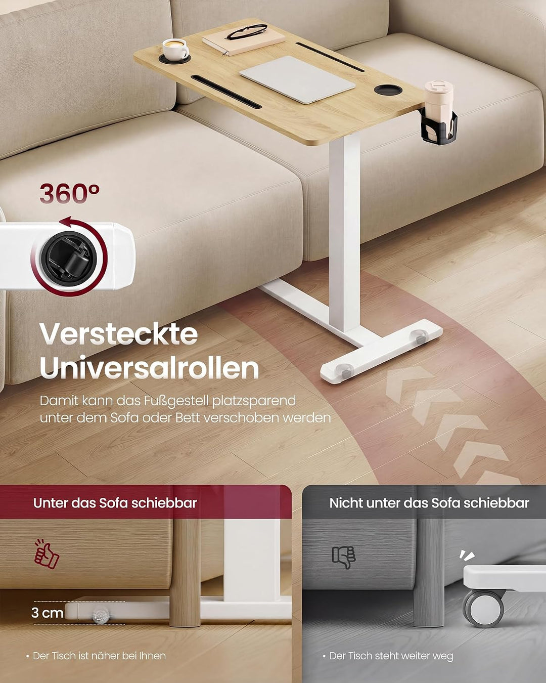 VASAGLE Beistelltisch mit Rollen, mobiler Stehtisch, 70 x 40 cm grosse Tischplatte, verstellbare Höh
