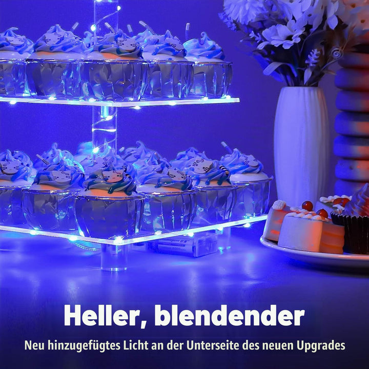 3 Etagen Cupcake Ständer, Blau LED Lichterkette de Tortenständer Acryl für Hochzeit, Party, Geburtst