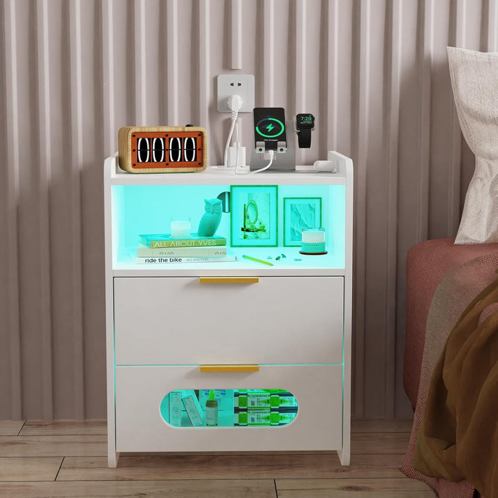 Led Nachttisch 2er Set mit Ladestation, Nachtschrank mit USB-Anschlüssen, Weiss Nachttische Einstell