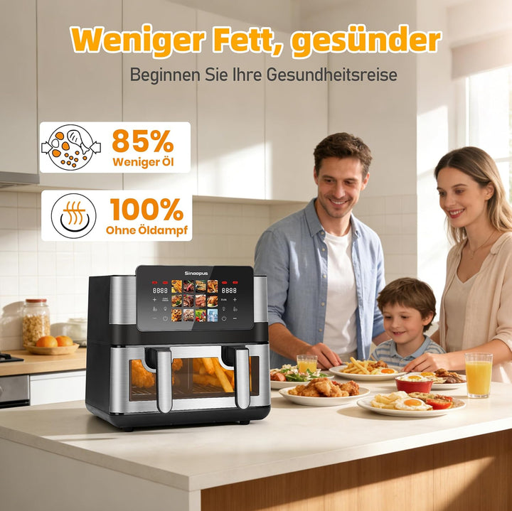 Heissluftfritteuse 2000W mit 2 Kammern XXL 8.5L, Airfryer mit Sichtfenster, LED Touchscreen, 60-200°