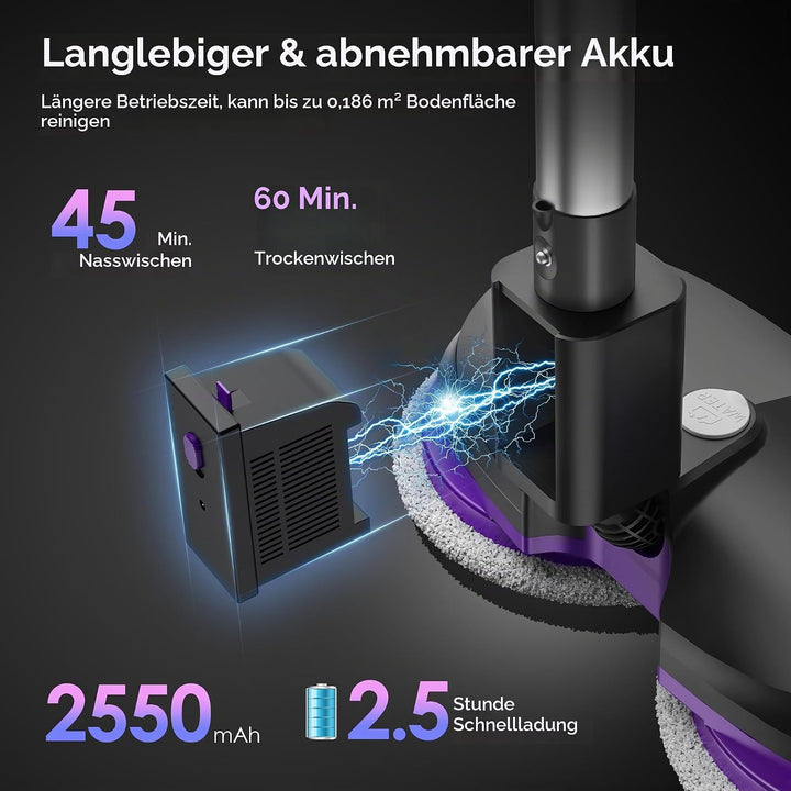 Kabellos Elektrischer Mopp, Elektrischer Wischmopp Kabellos mit Sprühfunktion, LED Beleuchtung, 300m