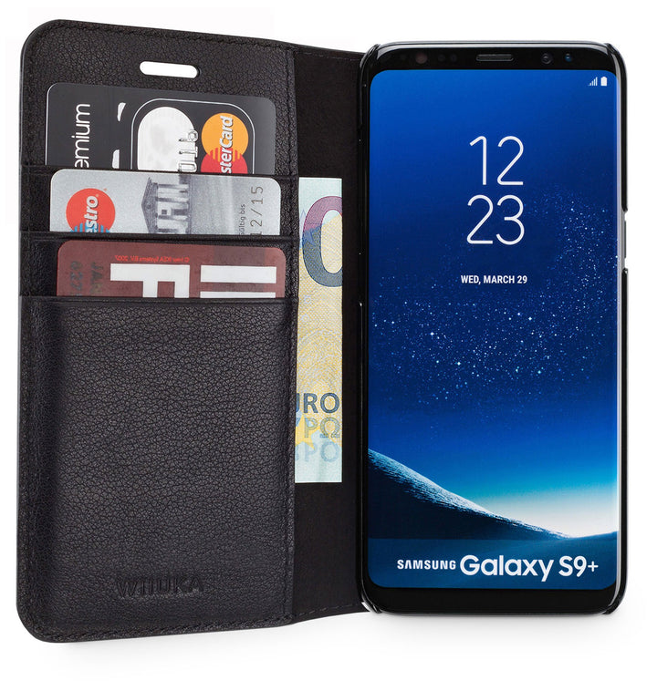 WIIUKA Echt Ledertasche -TRAVEL Away- für Samsung Galaxy S9+ Plus, mit Vier Kartenfächern, extra Dün