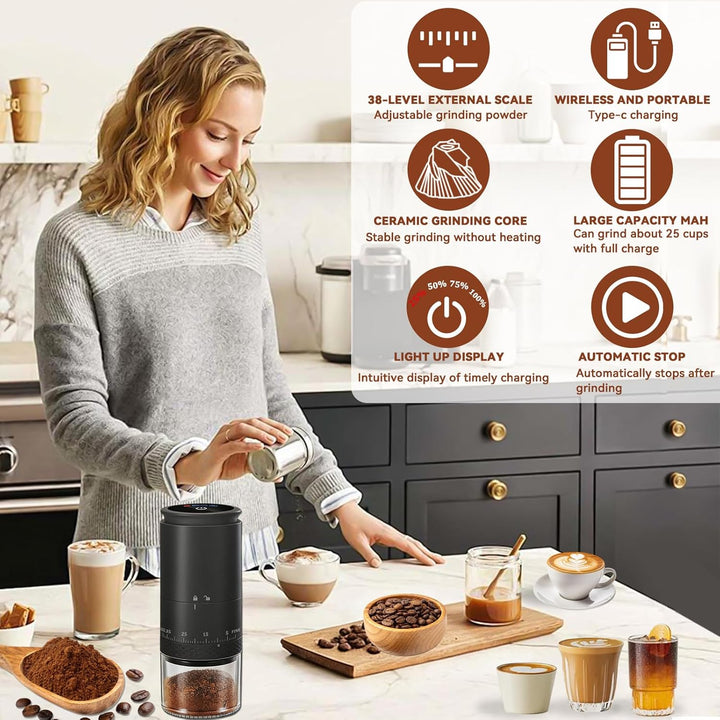 Kaffeemühle Elektrisch, USB Wiederaufladbare Tragbare Kaffemühle mit 38-stufiger Mahlgrad-Einstellun