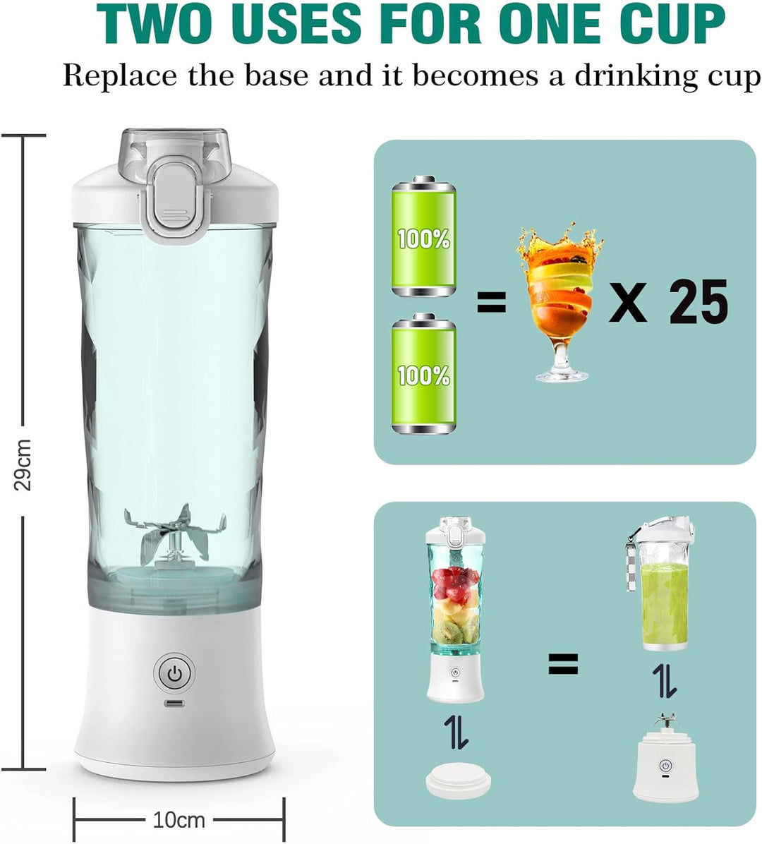 Idota Tragbarer Mixer 600ml Smoothie Maker to Go, Tragbarer Entsafter mit 6 Klinge und USB Wiederauf