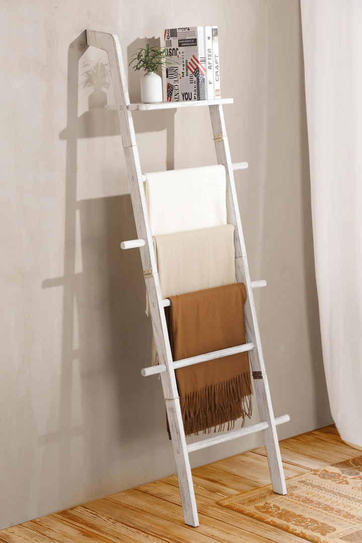 ZUNTO 5-stufige Handtuchleiter Holz mit Ablage & Haken - Vintage Leiterregal mit Regal für Bad, Wohn