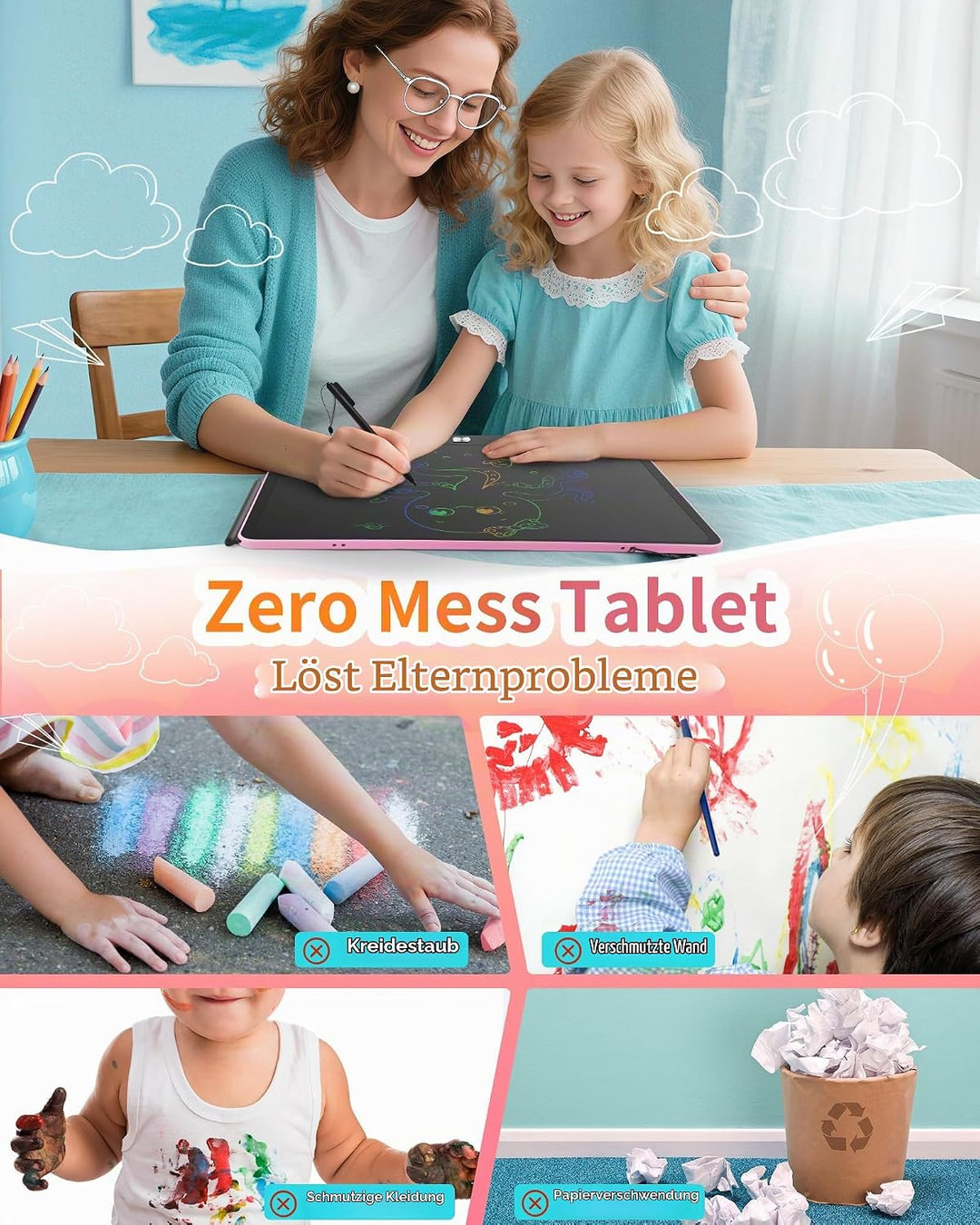 Wiederaufladbares 40,6 cm (16 Zoll) LCD-Schreibtablett, grosses buntes Zeichentablett für Kinder im