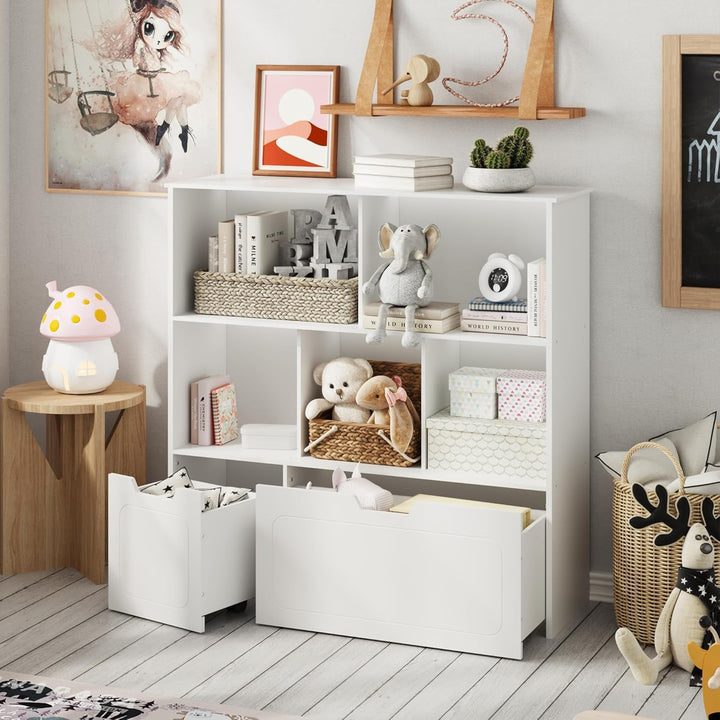 BRINJOY Kinderregal mit 8 Boxen Kinderschrank Holz Bücherregal für Kinder Aufbewahrungsbox mit 2 Bew