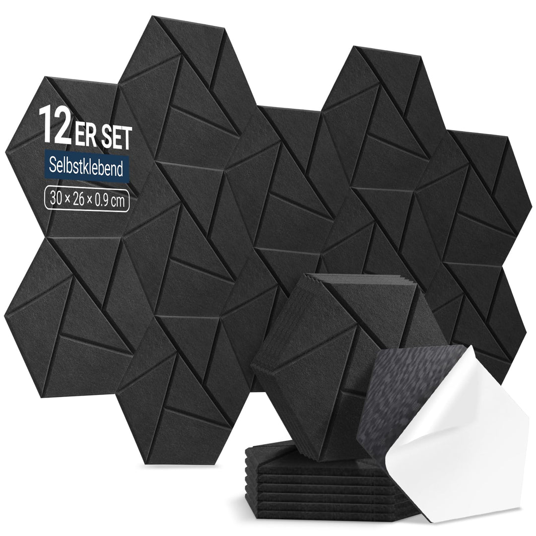 12 Stück Hexagon Akustikplatten Selbstklebend, 30 x 26 x 0,9 cm Hohe Dichte Schallschutzplatten, Aco