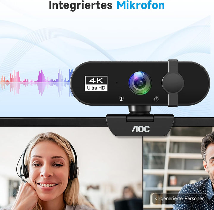 AOC Webcam 4K Ultra HD, Webcam mit Mikrofon & Objektivabdeckung, PC Kamera Plug & Play, 99° Ansicht,