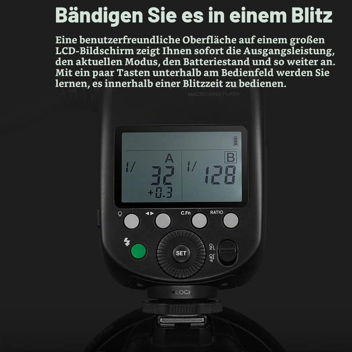 Godox MF-R76 Macro Ring Blitzlicht GN14 10 Stufen einstellbare Helligkeit mit 8 Stück Adapterring Gr