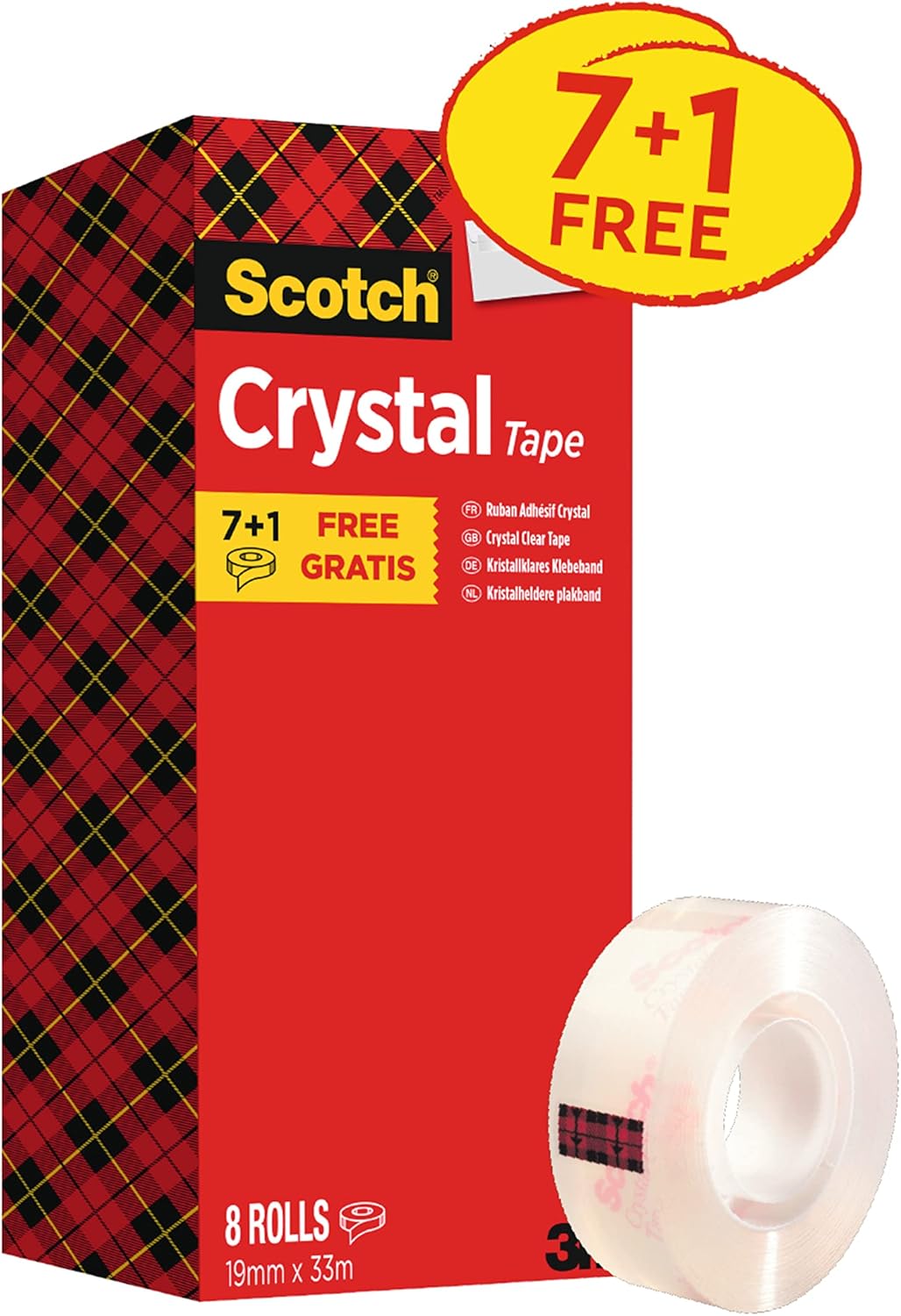 Scotch Crystal Klebeband, transparent, Vorteilspack, 8 Rollen, 19mm x 33m & Scotch Tischabroller ink