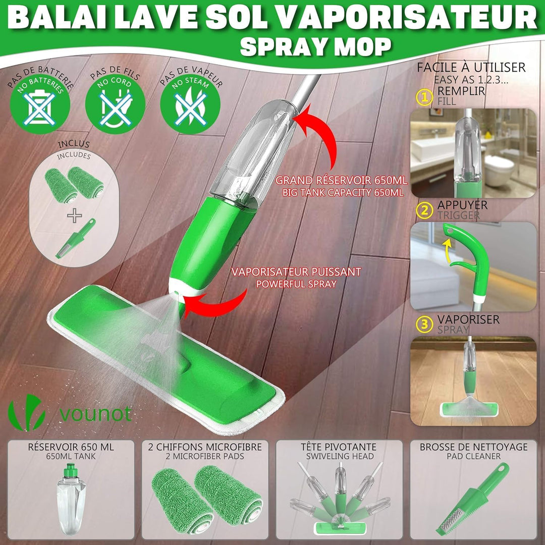 VOUNOT® Wischer mit sprühfunktion, Sprühwischer mit 650ml Wassertank, Bodenwischer mit Sprühdüse, Sp